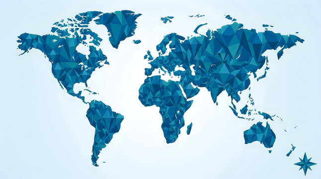 Geometric world map in blue low poly style, abstract polygonal earth map illustration, global business and connectivity concept