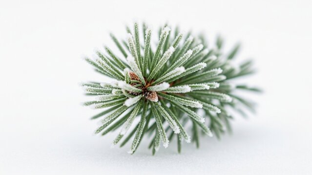 Close-up of frosted pine needles on a white snowy background, winter nature detail