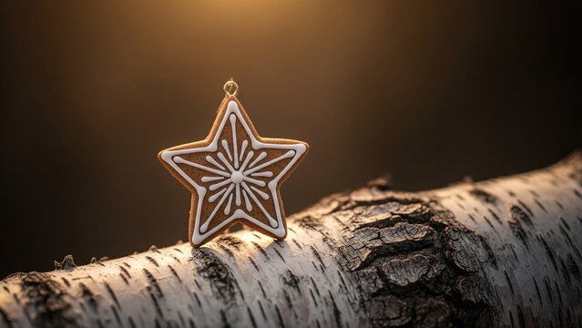 Christmas Star Cookie on Birch Branch, Festive Holiday Decoration, Warm Light