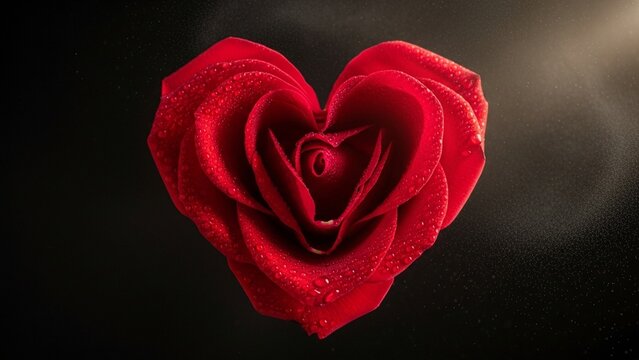 Heart Shape Red Rose with Water Droplets, Romantic Symbol of Love