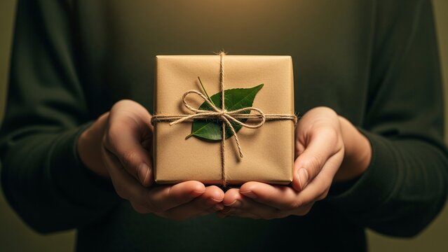 Hands holding eco-friendly gift wrapped in brown paper and green leaf