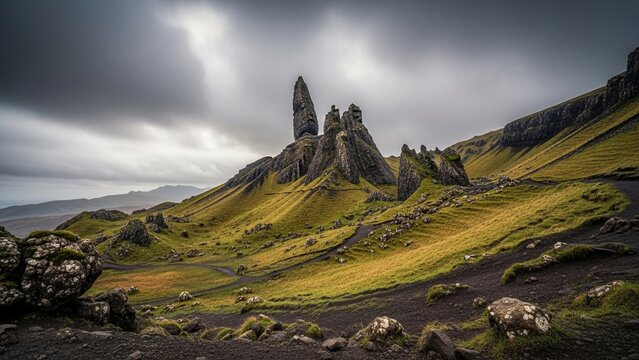 Dramatic Skye landscape, Old Man of Storr rock formation under moody sky