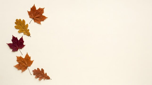 A beautiful vertical border of colorful autumn leaves arranged on a plain light beige background for seasonal design