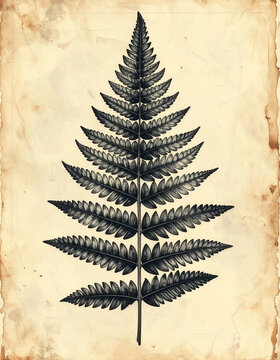 Single fern leaf in vintage botanical engraving style