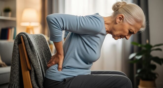 Aging body distress: vertebra pain, pelvic ache, skeletal fragility, osteoporosis burden, medical problem, health concern, chronic illness, physical discomfort.