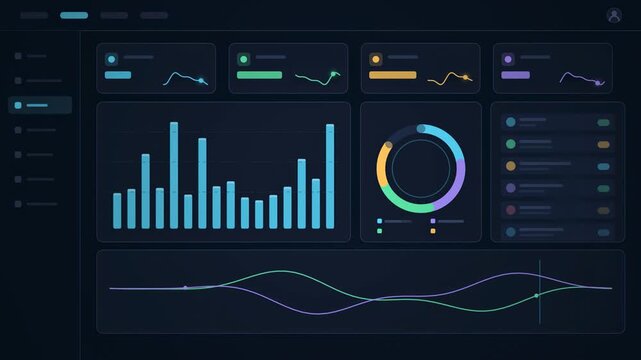 Abstract animated analytics dashboard updating its panels drawn as cyan and teal lines and dots on a deep dark background. Clean 4K motion graphics video element with free space around it, ideal for d