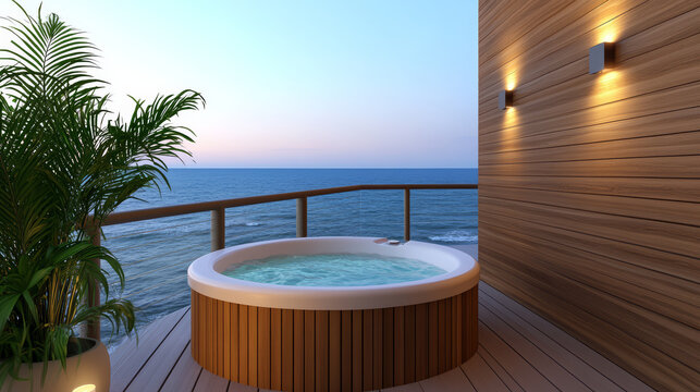 Serene balcony with jacuzzi overlooking ocean at sunset, creating romantic atmosphere