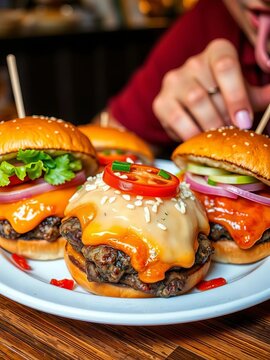 A plate of juicy burgers with toppings being devoured by someone off-camera, ||food, eating