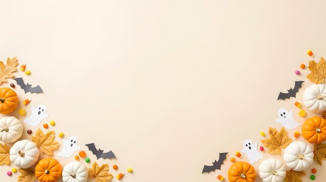 Festive halloween background with decorative pumpkins and bats arranged in corners leaving copy space in the center