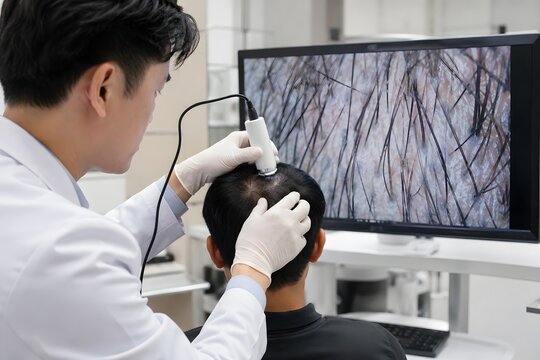 Dermatologist examining scalp health and hair follicles using advanced digital imaging technology