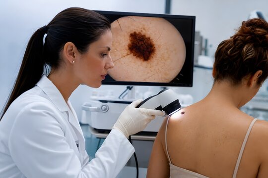 Dermatologist examining a skin lesion with digital dermoscopy and diagnostic imaging technology