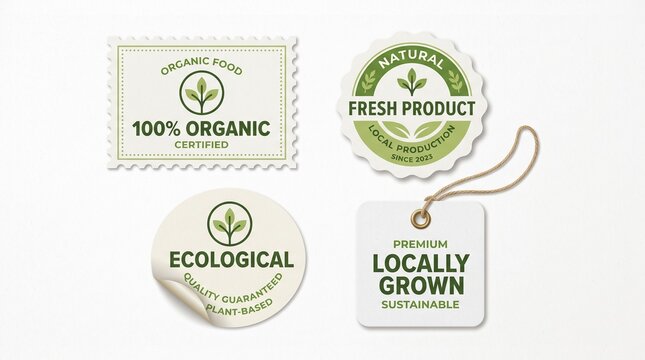 Organic product label vector illustration set featuring natural badges stickers and hangtag for eco friendly sustainable locally grown fresh food isolated design collection