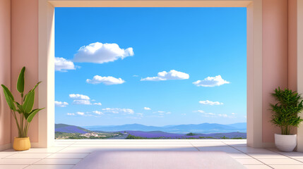 Fototapeta premium Serene terrace with view of lavender fields and clear blue sky creates peaceful atmosphere