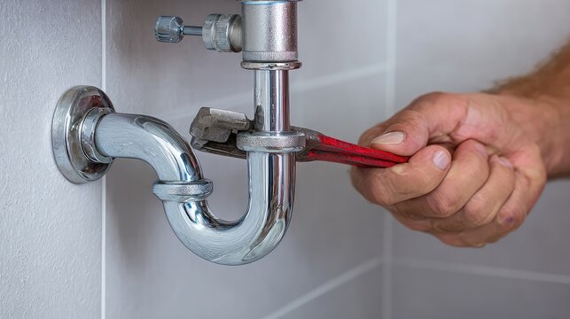 Hand Using Adjustable Wrench to Fix Plumbing Under Sink Area