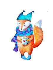 ​Hand drawn watercolor illustration of a cute cozy fox in a blue hat and scarf holding a mug isolated on transparent background
