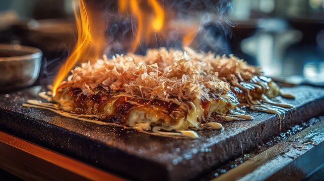Flamb&eacute; Takoyaki with Bonito Flakes on a Hot Stone Surface