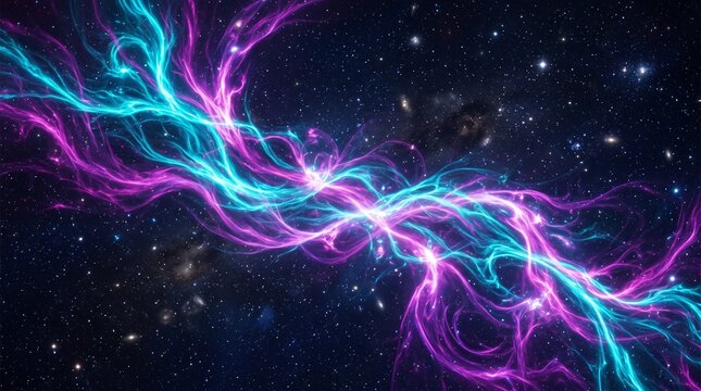 Abstract cosmic nebula with glowing blue and purple energy waves