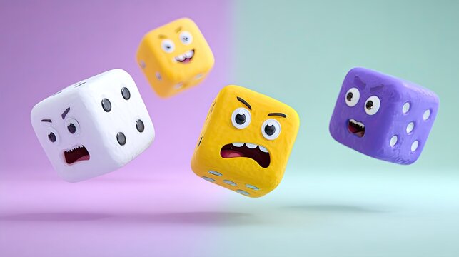 Fun Cartoon Dice with Angry Faces in Colorful Backgrounds