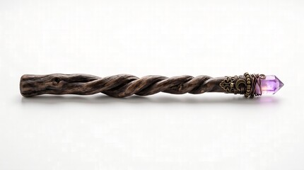 Fototapeta premium Ornate Handcrafted Wooden Magic Wand with Amethyst Crystal and Metal Accents.