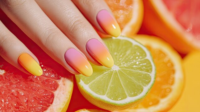 Vibrant Nail Art with Citrus Fruits and Colorful Gradient Design