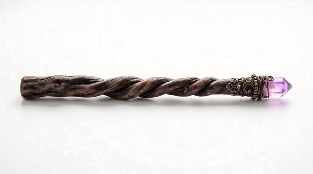 Ornate Handcrafted Wooden Magic Wand with Amethyst Crystal and Metal Accents.