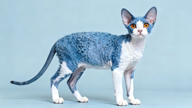 Full body shot of a blue and white Devon Rex cat standing on a pale blue-gray background