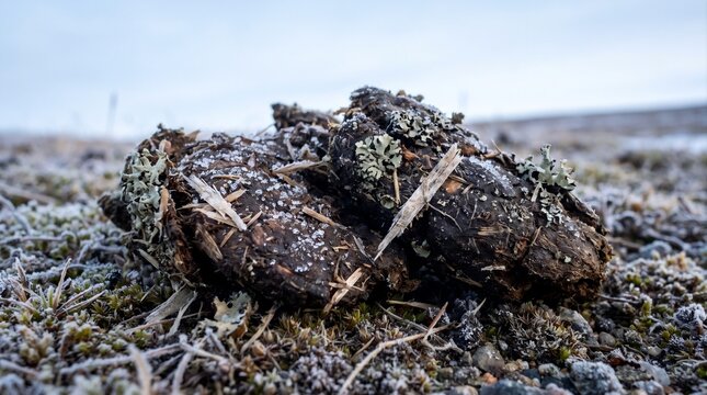 Frozen animal scat on frosty tundra ground in a cold wilderness environment
