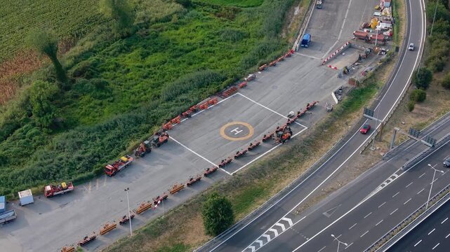 Aerial view of a helipad positioned near the A7 motorway in Milan, Italy