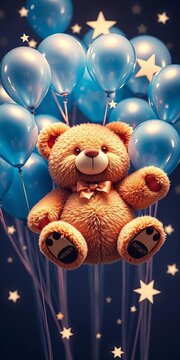 Floating teddy bear surrounded by blue balloons and stars, adorable, sweet