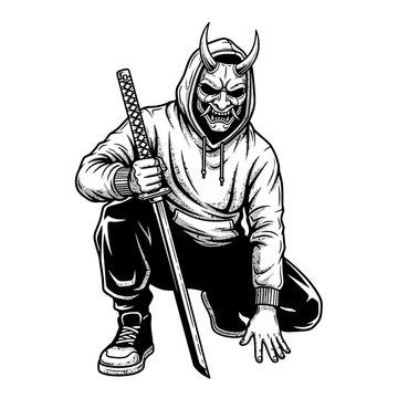 Man wearing demonic mask with sword.