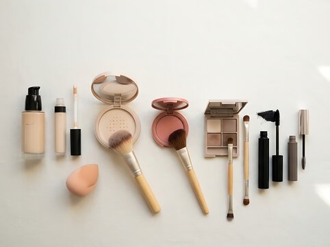 Set of professional makeup tools and cosmetic products for face and eye beauty routine arrangement. beginner makeup tips