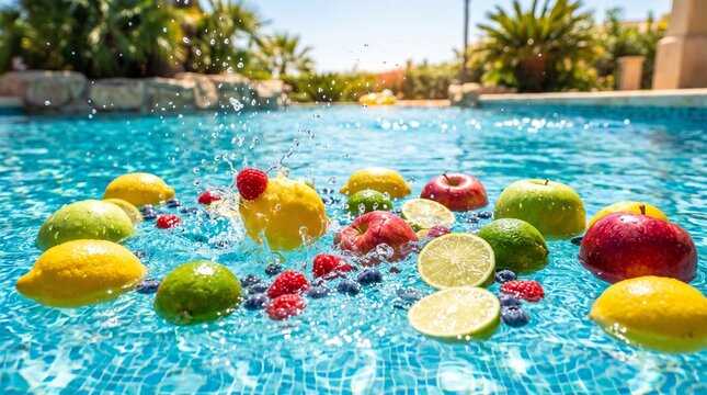 Fresh summer fruits splashing in a clear blue swimming pool under bright sunlight, perfect for summer marketing, healthy lifestyle websites, and beverage advertisements