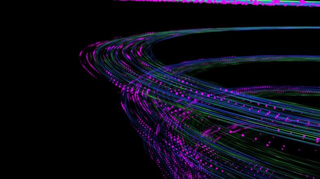 Futuristic big data helix with purple dots  on color paths in dark cyberspace. Concept of AI, technology and science content. Speed data streams in network way. 5G