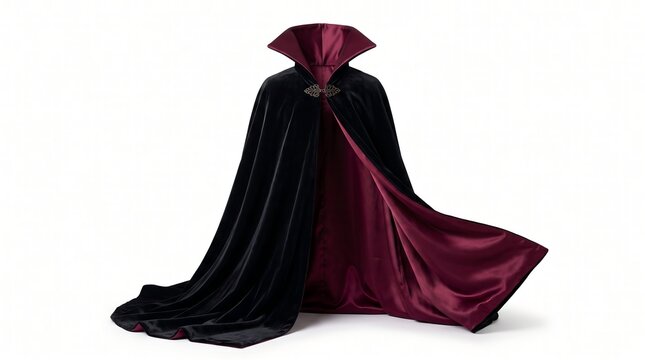 Elegant Black Velvet Vampire Cape with Maroon Satin Lining.