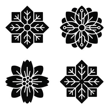 Four stylized floral emblems in black and white vector art.