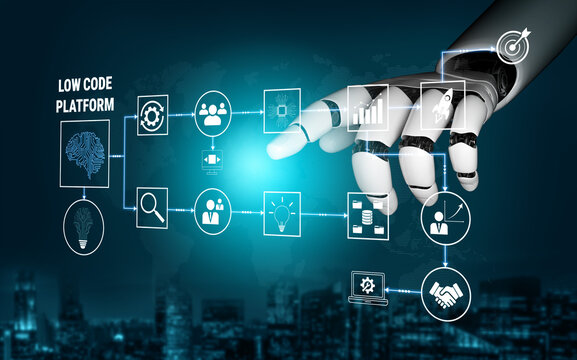 Futuristic Robotic Hand Interacting with Low Code Platform Visuals for Digital Transformation and Innovative Solutions Quark.