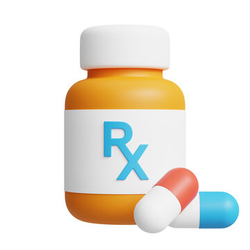3D illustration of an orange prescription medicine bottle labeled Rx with capsules beside it. Medication, prescription drugs, pharmacy, healthcare and medical treatment concept isolated on transparent