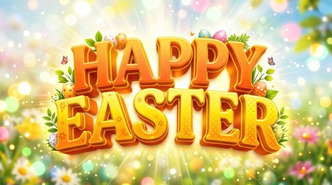 Bright 3d easter greeting with vibrant flowers with glowing text surrounded colorful floral decorations decorations butterflies radiant cheerful three dimensional