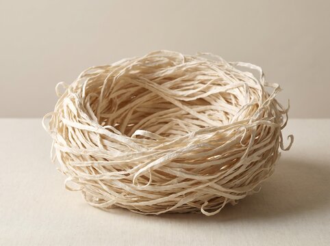 Minimalist cream paper raffia birds nest sits on neutral fabric surface for rustic spring home decor displays or seasonal easter prop photography in bright studio setting.