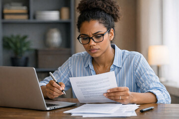 Fototapeta premium A professional woman in glasses working diligently on digital and printed documents at her desk, with a focus on efficiency and organization.