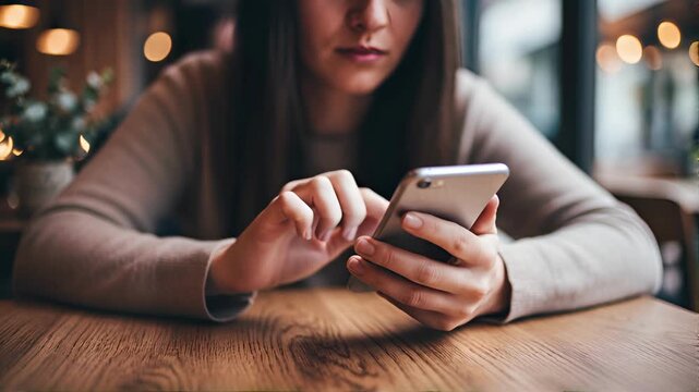 close-up cinematic stock footage video of a woman&rsquo;s hands holding and interacting with a modern, silver-colored smartphone, The camera focus is sharply on the hands, the phone