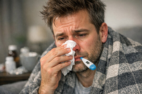 A man holding his nose due to cold and sore throat symptoms, likely taking medicine or a nasal spray.