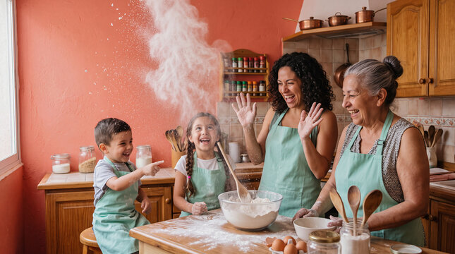 Multi-generational family baking together with a joyful flour explosion in a warm rustic kitchen