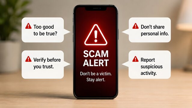 Smartphone displaying a scam alert surrounded by educational warning messages advising users to verify information and report suspicious activity.