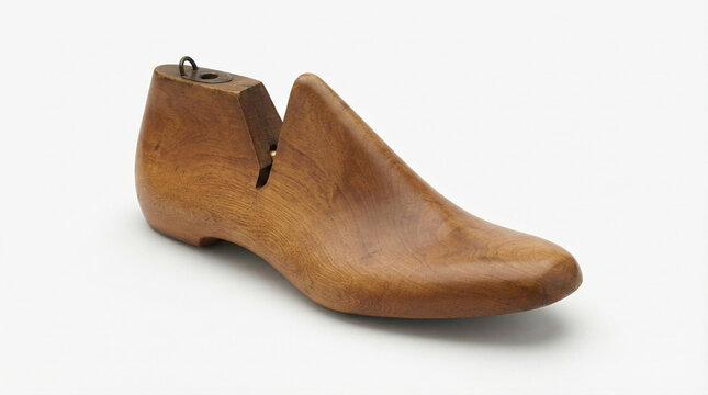 Vintage wooden shoe last, shoemaker's form with metal hinge, isolated on white background