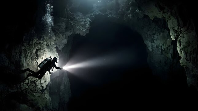 Diver with flashlight exploring an underwater cave system in darkness