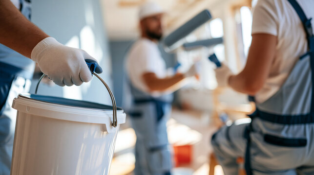 cropped rear view of male painters holding a paint bucket and rollers while refurbishing apartment walls in a bright room, faces out of frame, teamwork concept, handymen,