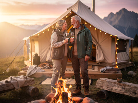 Glamping 014 Senior Couple Standing and Toasting with Wine Glasses by Campfire Outside Luxury Glamping Tent at Sunset（夕暮れ時の豪華なグランピングテント前で立ちながら焚き火を囲みワインで乾杯するシニア夫婦）
