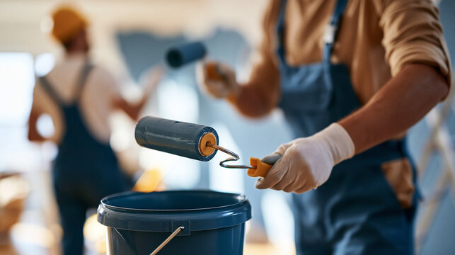 cropped rear view of male painters holding a paint bucket and rollers while refurbishing apartment walls in a bright room, faces out of frame, teamwork concept, handymen,