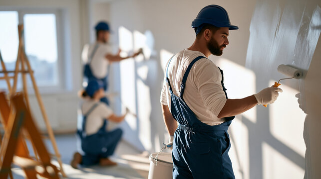 rear view of a team of professional painters in uniform painting a bright white wall in an empty room with paint rollers, backs to camera, building renovation concept,